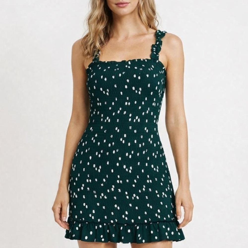 Faithfull The Brand Del Mar‎ Green Polka Dot Mini Dress Smocked Ruffle Medium